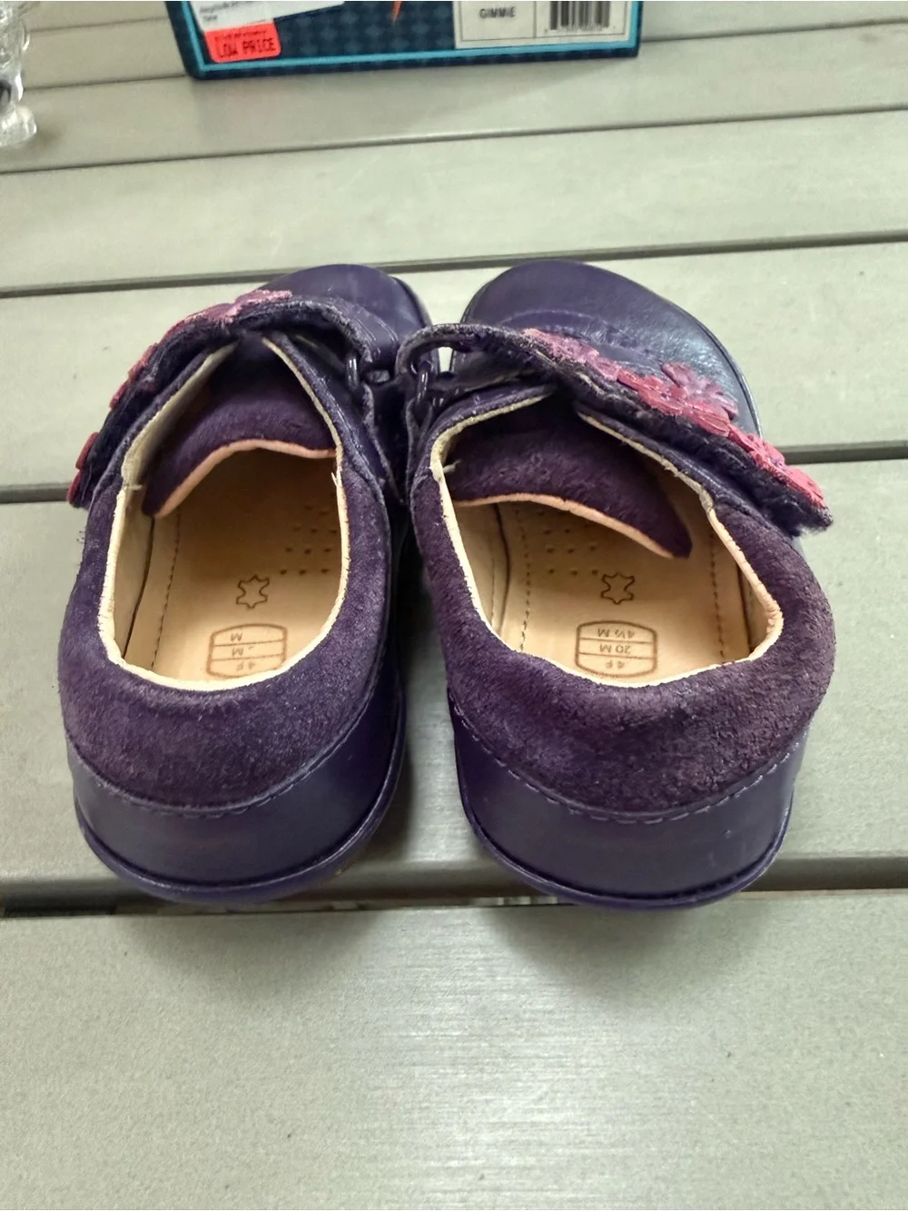 Clarks Kids Purple Leather Mary Jane Shoes with Pink Flower Accents, 4.5 month